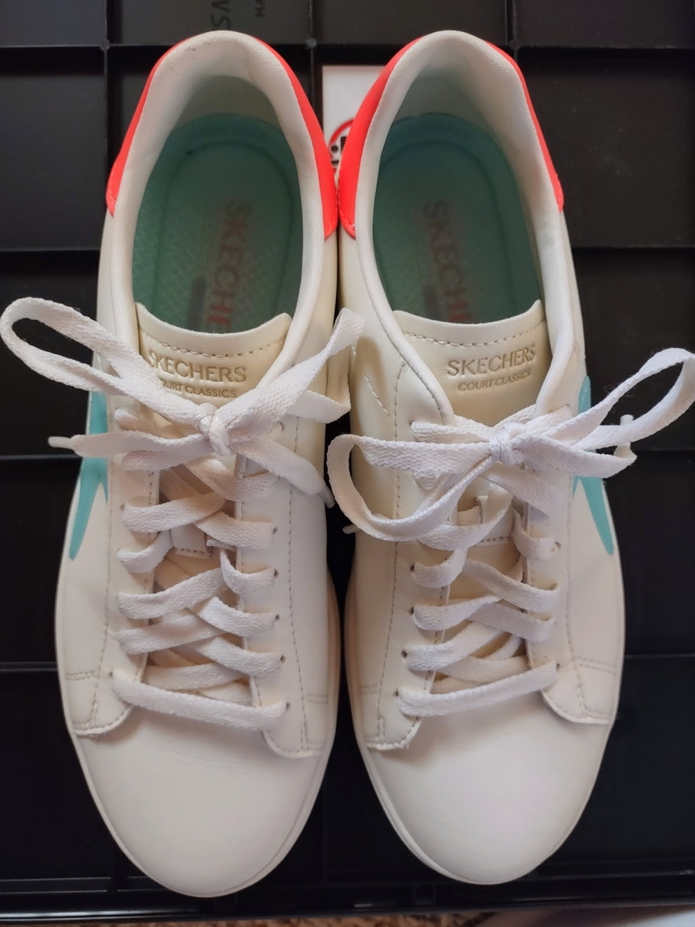 Skechers White Leather Sneakers with Teal Side Panels and Coral Heel